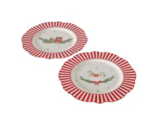 Assiette porcelaine Ø27cm collection Jouets d’antan, bord rayé rouge et blanc, motif cheval ou train Noël
