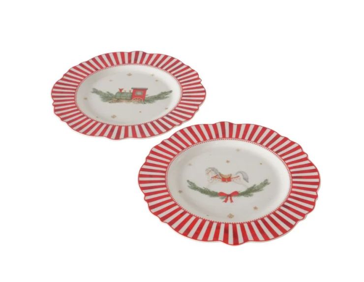 Assiette porcelaine Ø27cm collection Jouets d’antan, bord rayé rouge et blanc, motif cheval ou train Noël