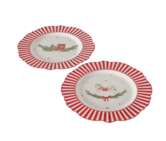 Assiette porcelaine Ø27cm collection Jouets d’antan, bord rayé rouge et blanc, motif cheval ou train Noël