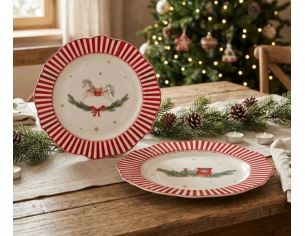 Assiette porcelaine Ø27cm collection Jouets d’antan, bord rayé rouge et blanc, motif cheval ou train Noël