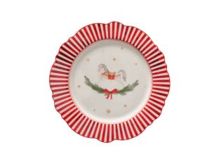 Assiette porcelaine Ø27cm collection Jouets d’antan, bord rayé rouge et blanc, motif cheval ou train Noël