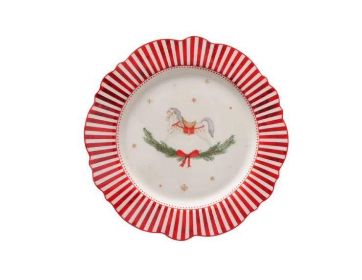 Assiette porcelaine Ø27cm collection Jouets d’antan, bord rayé rouge et blanc, motif cheval ou train Noël