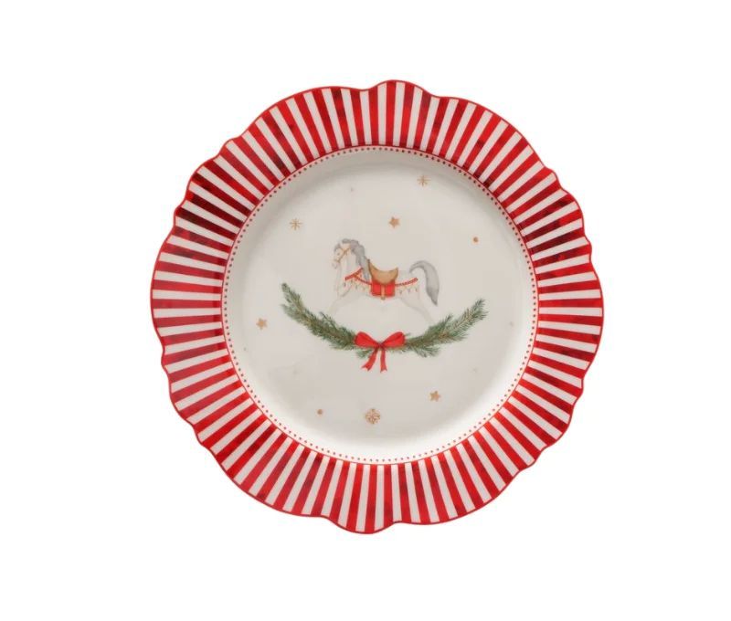 Assiette porcelaine Ø27cm collection Jouets d’antan, bord rayé rouge et blanc, motif cheval ou train Noël