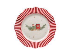 Assiette porcelaine Ø27cm collection Jouets d’antan, bord rayé rouge et blanc, motif cheval ou train Noël