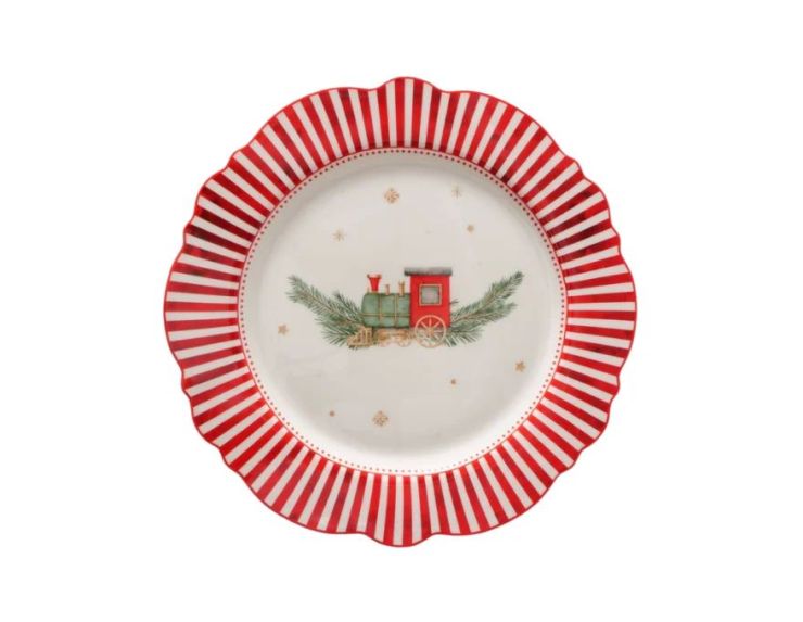 Assiette porcelaine Ø27cm collection Jouets d’antan, bord rayé rouge et blanc, motif cheval ou train Noël