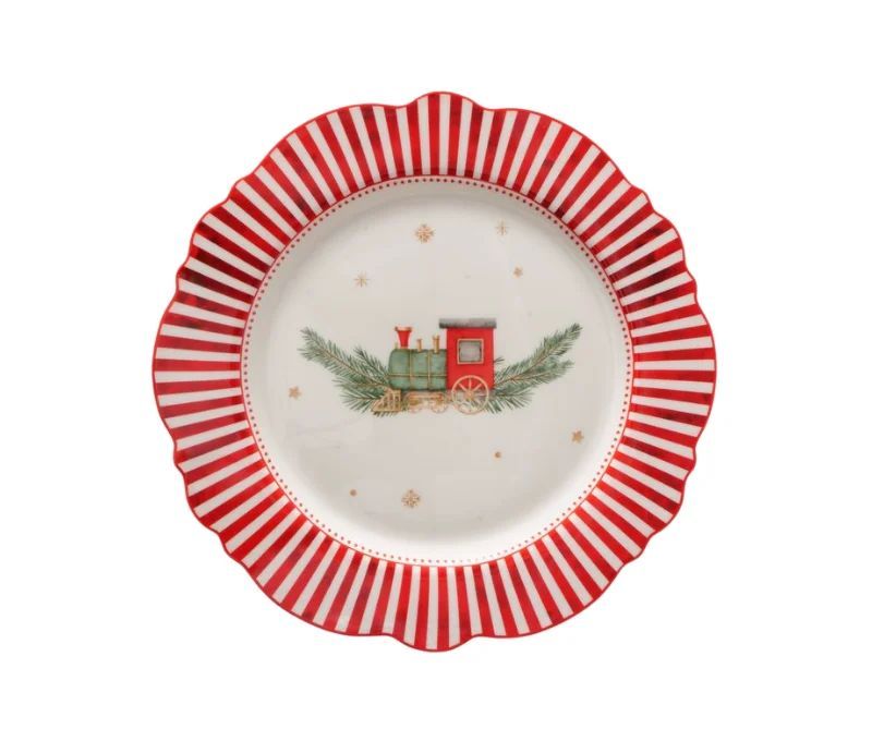 Assiette porcelaine Ø27cm collection Jouets d’antan, bord rayé rouge et blanc, motif cheval ou train Noël