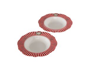 Set 2 assiettes creuses porcelaine Ø24cm collection Jouets d’antan, bord rayé rouge et blanc festonné