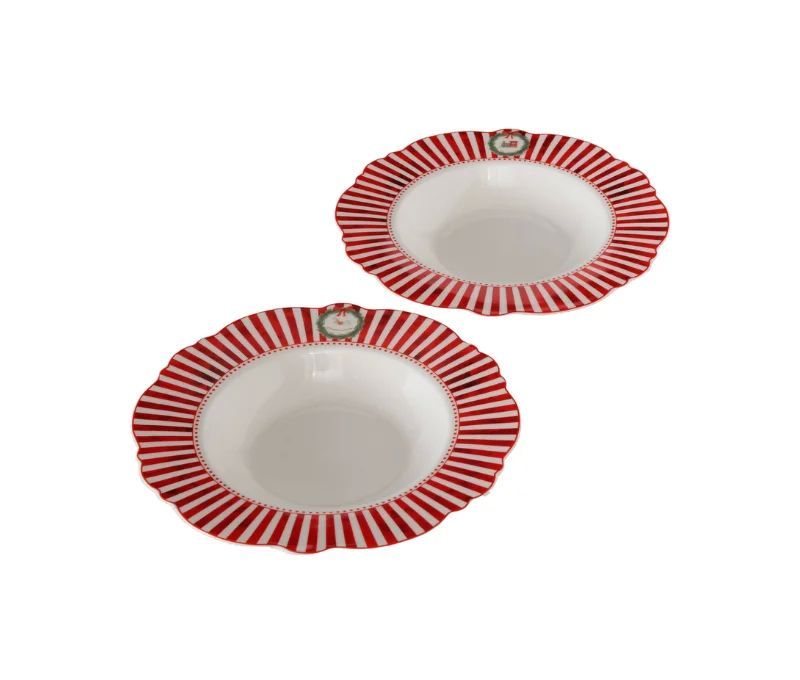Set 2 assiettes creuses porcelaine Ø24cm collection Jouets d’antan, bord rayé rouge et blanc festonné