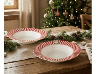 Set 2 assiettes creuses porcelaine Ø24cm collection Jouets d’antan, bord rayé rouge et blanc festonné