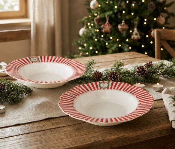 Set 2 assiettes creuses porcelaine Ø24cm collection Jouets d’antan, bord rayé rouge et blanc festonné