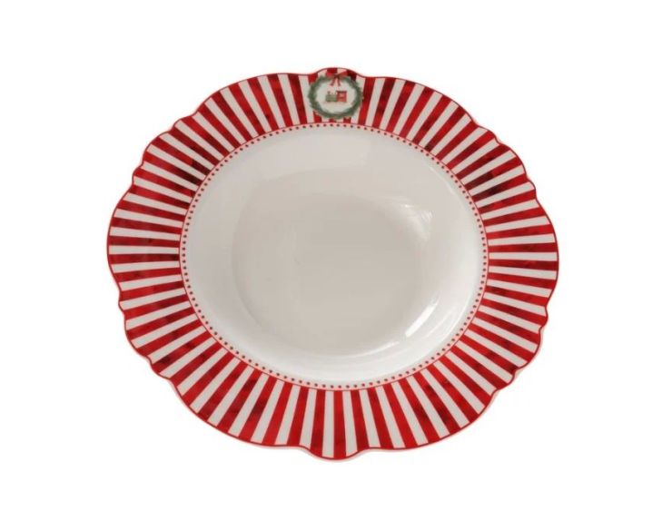 Set 2 assiettes creuses porcelaine Ø24cm collection Jouets d’antan, bord rayé rouge et blanc festonné