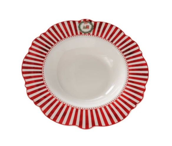 Set 2 assiettes creuses porcelaine Ø24cm collection Jouets d’antan, bord rayé rouge et blanc festonné