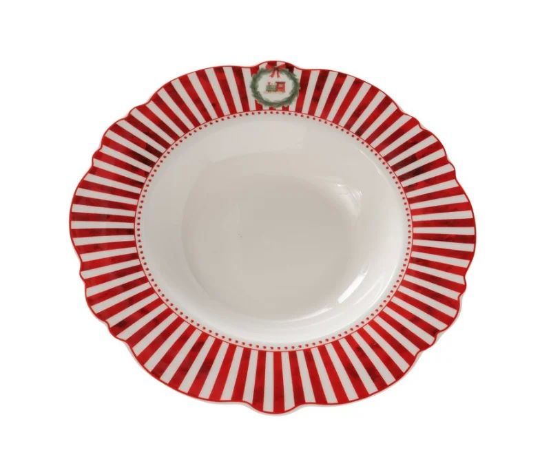 Set 2 assiettes creuses porcelaine Ø24cm collection Jouets d’antan, bord rayé rouge et blanc festonné