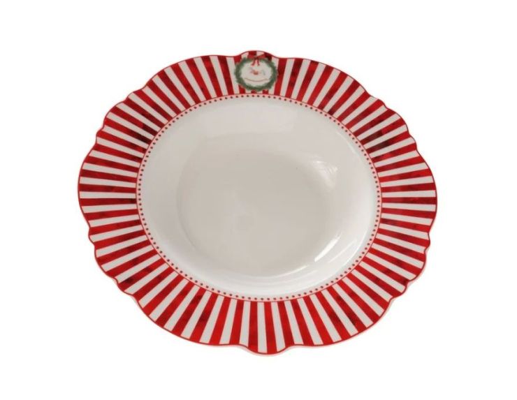 Set 2 assiettes creuses porcelaine Ø24cm collection Jouets d’antan, bord rayé rouge et blanc festonné