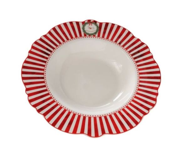 Set 2 assiettes creuses porcelaine Ø24cm collection Jouets d’antan, bord rayé rouge et blanc festonné