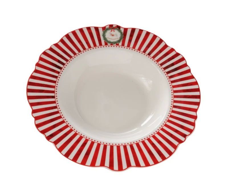 Set 2 assiettes creuses porcelaine Ø24cm collection Jouets d’antan, bord rayé rouge et blanc festonné