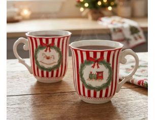Set 2 tasses porcelaine 350ml collection Jouets d’antan, rayures rouge et blanc, motif cheval ou train en couronne