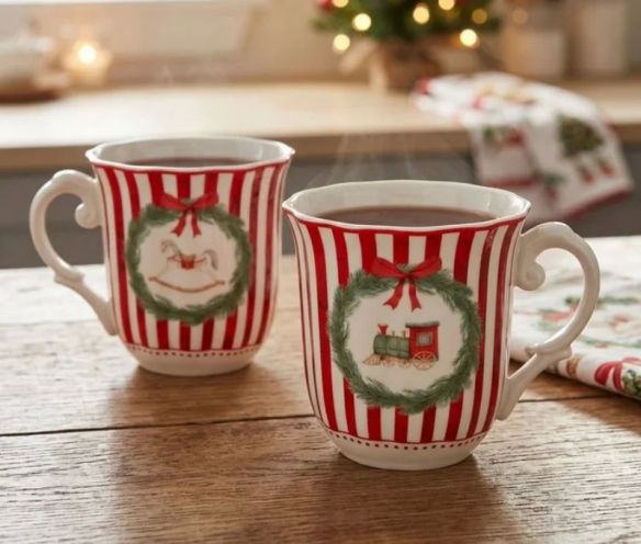 Set 2 tasses porcelaine 350ml collection Jouets d’antan, rayures rouge et blanc, motif cheval ou train en couronne