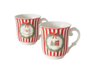 Set 2 tasses porcelaine 350ml collection Jouets d’antan, rayures rouge et blanc, motif cheval ou train en couronne