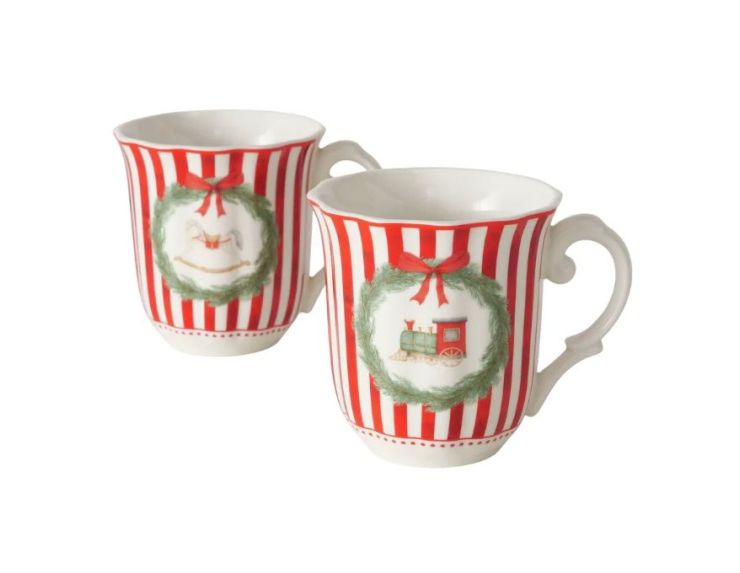 Set 2 tasses porcelaine 350ml collection Jouets d’antan, rayures rouge et blanc, motif cheval ou train en couronne