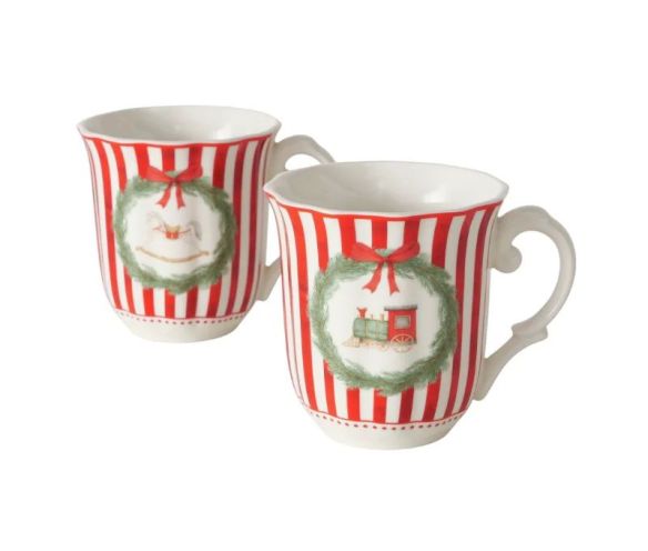 Set 2 tasses porcelaine 350ml collection Jouets d’antan, rayures rouge et blanc, motif cheval ou train en couronne