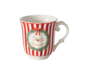 Set 2 tasses porcelaine 350ml collection Jouets d’antan, rayures rouge et blanc, motif cheval ou train en couronne