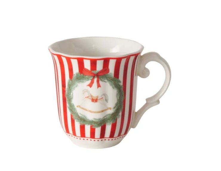 Set 2 tasses porcelaine 350ml collection Jouets d’antan, rayures rouge et blanc, motif cheval ou train en couronne
