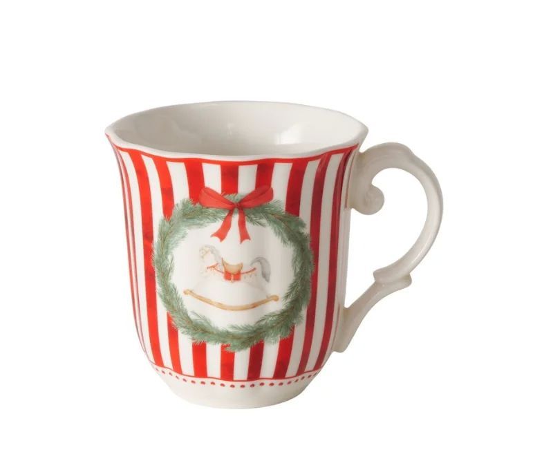 Set 2 tasses porcelaine 350ml collection Jouets d’antan, rayures rouge et blanc, motif cheval ou train en couronne