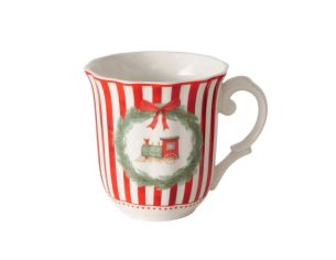 Set 2 tasses porcelaine 350ml collection Jouets d’antan, rayures rouge et blanc, motif cheval ou train en couronne