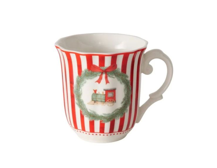 Set 2 tasses porcelaine 350ml collection Jouets d’antan, rayures rouge et blanc, motif cheval ou train en couronne
