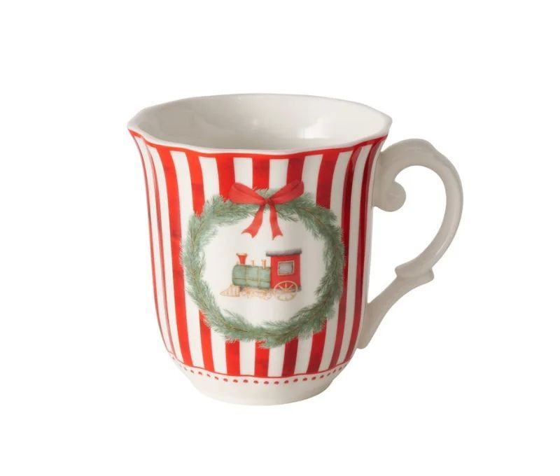 Set 2 tasses porcelaine 350ml collection Jouets d’antan, rayures rouge et blanc, motif cheval ou train en couronne