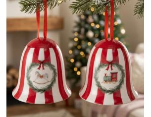 Set 2 cloches en grès émaillé H11cm collection Jouets d’Antan, rayures rouge et blanc, motif cheval ou train