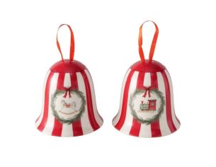 Set 2 cloches en grès émaillé H11cm collection Jouets d’Antan, rayures rouge et blanc, motif cheval ou train