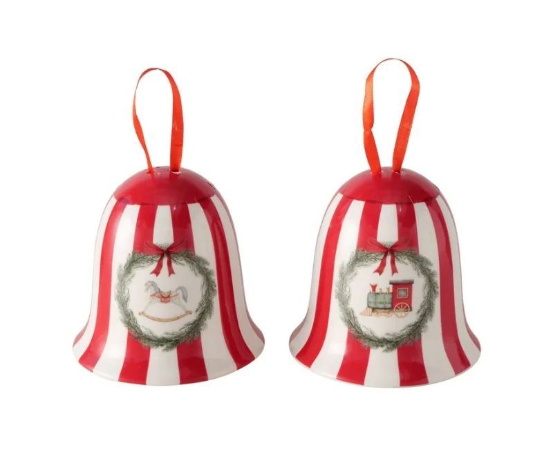 Set 2 cloches en grès émaillé H11cm collection Jouets d’Antan, rayures rouge et blanc, motif cheval ou train