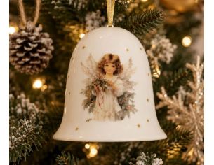 Cloche en céramique blanche H10cm motif ange vintage aquarelle, étoiles dorées, ruban doré pailleté