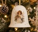 Voir la slide Cloche en céramique blanche H10cm motif ange vintage aquarelle, étoiles dorées, ruban doré pailleté