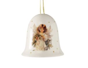 Cloche en céramique blanche H10cm motif ange vintage aquarelle, étoiles dorées, ruban doré pailleté