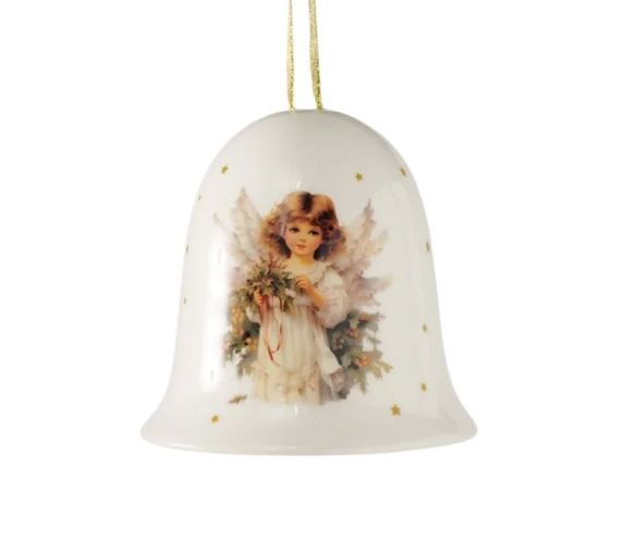Cloche en céramique blanche H10cm motif ange vintage aquarelle, étoiles dorées, ruban doré pailleté