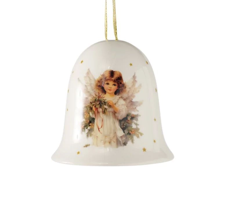 Cloche en céramique blanche H10cm motif ange vintage aquarelle, étoiles dorées, ruban doré pailleté