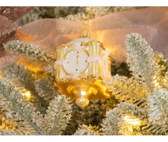 Boule de Noël en verre soufflé horloge ancienne dorée e rose. Hauteur 8cm