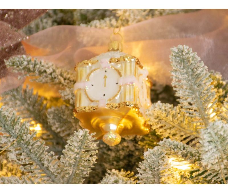 Boule de Noël en verre soufflé horloge ancienne dorée e rose. Hauteur 8cm