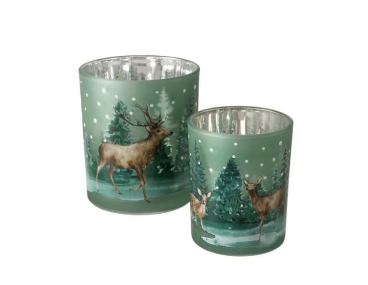 Set 2 bougeoirs en verre vert mat motif renne et forêt hivernale enneigée, intérieur argenté, 2 tailles