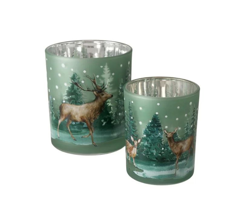 Set 2 bougeoirs en verre vert mat motif renne et forêt hivernale enneigée, intérieur argenté, 2 tailles