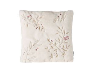 Coussin carré 45x45cm en velours ivoire, branches et feuilles brodées dorées, baies rouges brodées