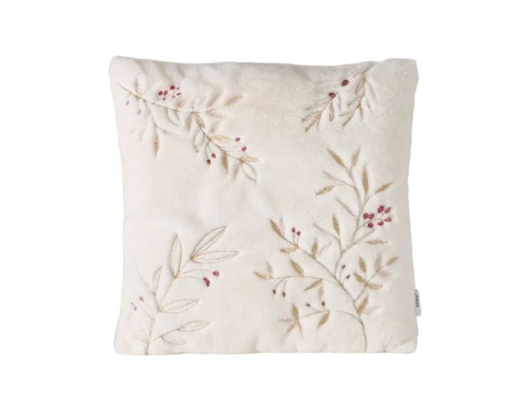 Coussin carré 45x45cm en velours ivoire, branches et feuilles brodées dorées, baies rouges brodées