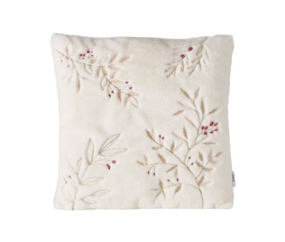 Coussin carré 45x45cm en velours ivoire, branches et feuilles brodées dorées, baies rouges brodées