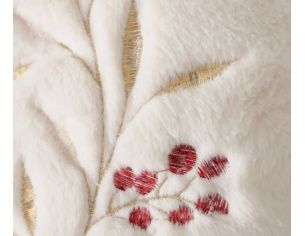 Coussin carré 45x45cm en velours ivoire, branches et feuilles brodées dorées, baies rouges brodées