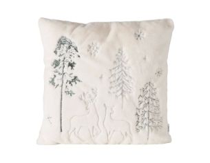 Coussin 45x45cm fausse fourrure ivoire, cerfs et sapins enneigés brodés gris, flocons de neige