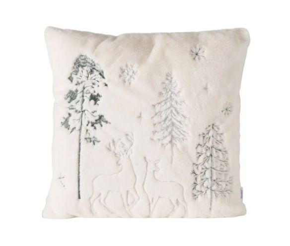 Coussin 45x45cm fausse fourrure ivoire, cerfs et sapins enneigés brodés gris, flocons de neige