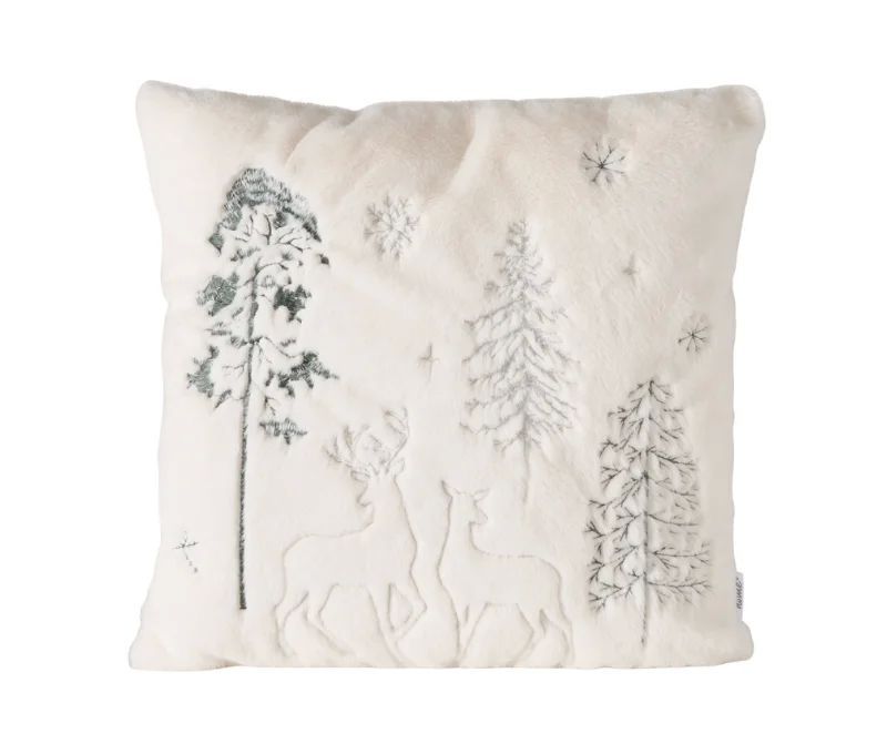 Coussin 45x45cm fausse fourrure ivoire, cerfs et sapins enneigés brodés gris, flocons de neige